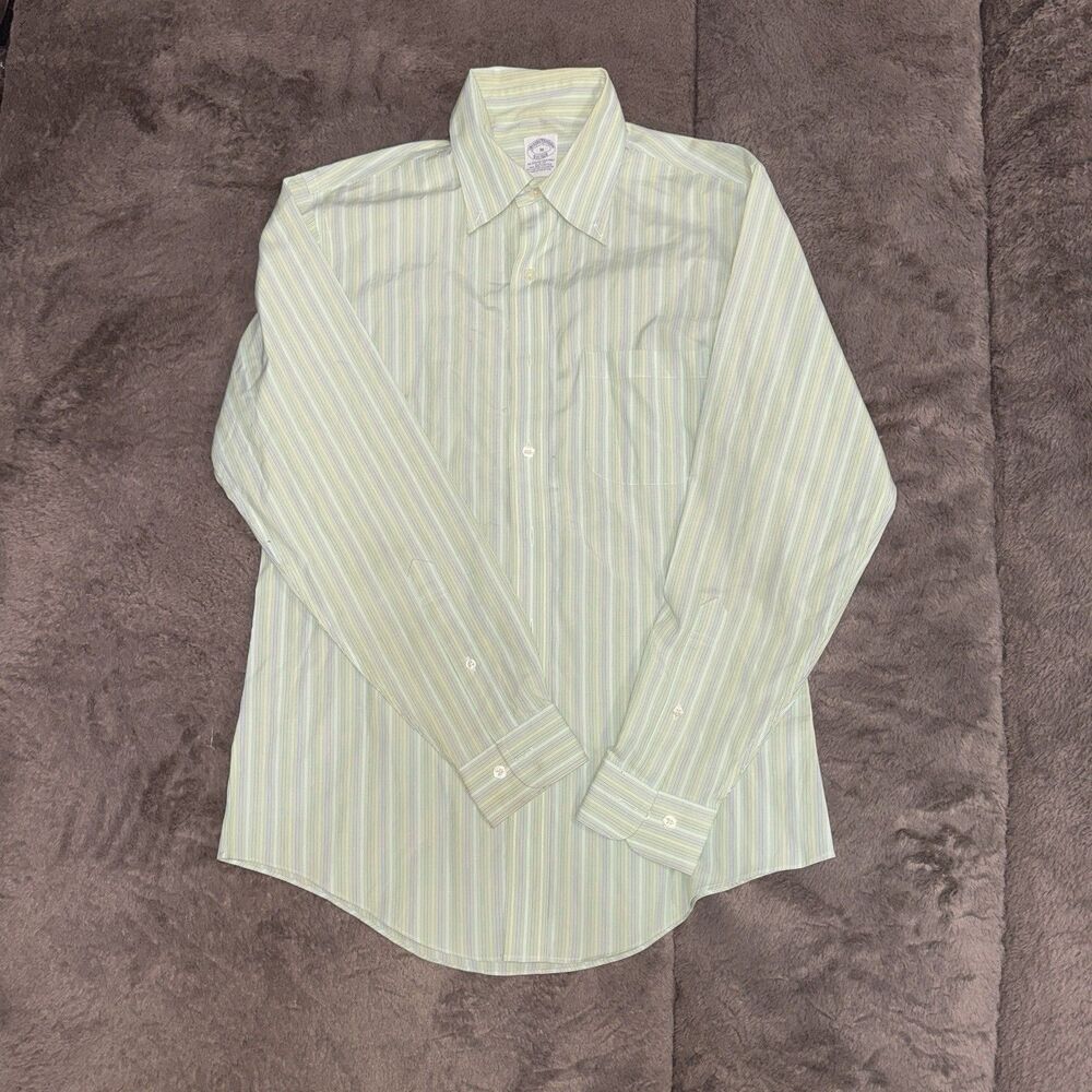 Brooks Brothers Dress Shirt Mens Medium Green w/ Blue and White Stripes Slim Fit